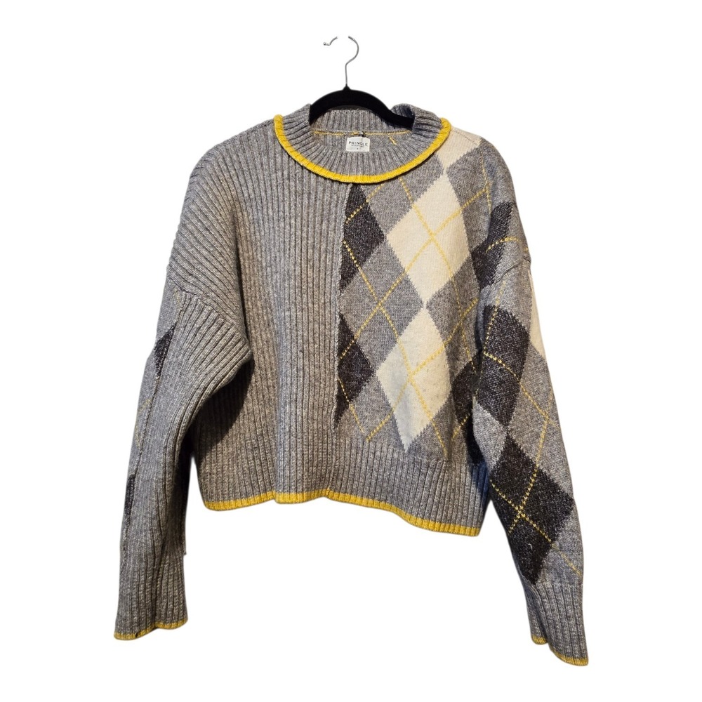 Pringle of Scotland x H&M Argyle Knit Crop Sweater Womens MED Grey Yellow Preppy
